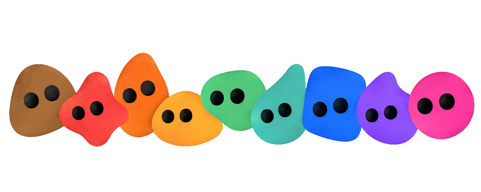 Nine colorful abstract members of the Grokbot family